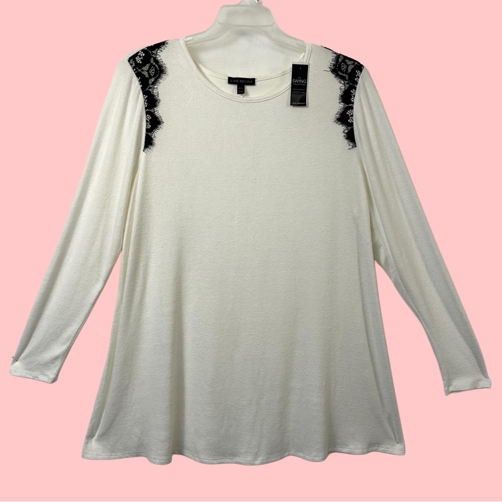 Lane Bryant white long-sleeve swing top with black lace shoulder details 14/16
